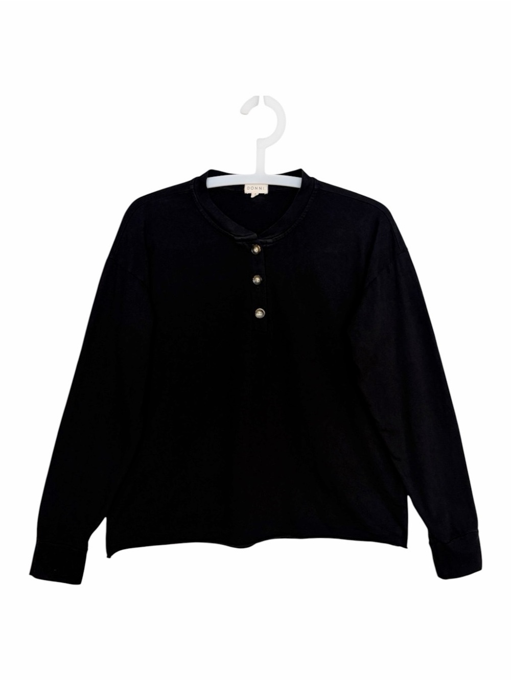 DONNI Black Pearl Button Henley Long Sleeve Top Small